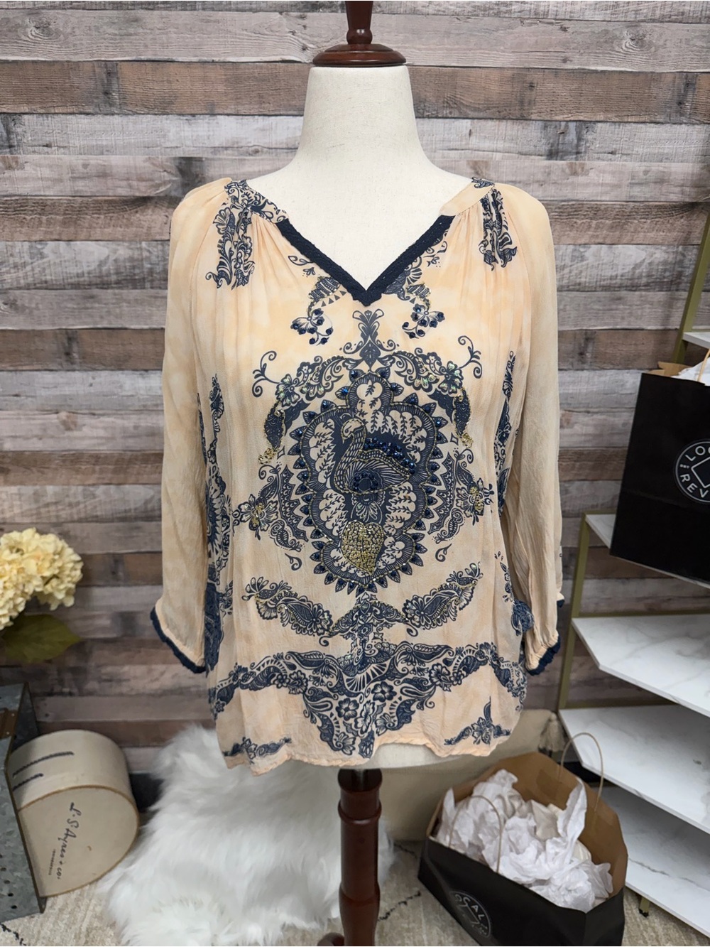 Bila Ivory/Peach w/Blue Boho Paisley & Beaded Design Top